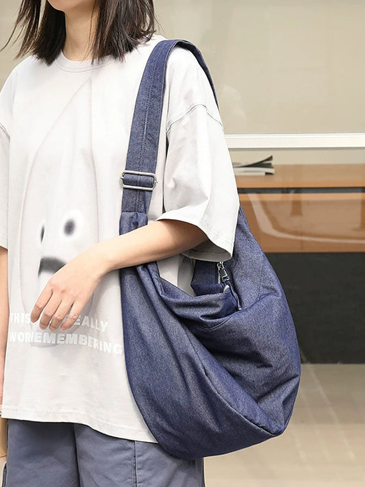 Women Casual Artistic Solid Dumpling Crossbody Bag – Washed Canvas Shoulder Bag