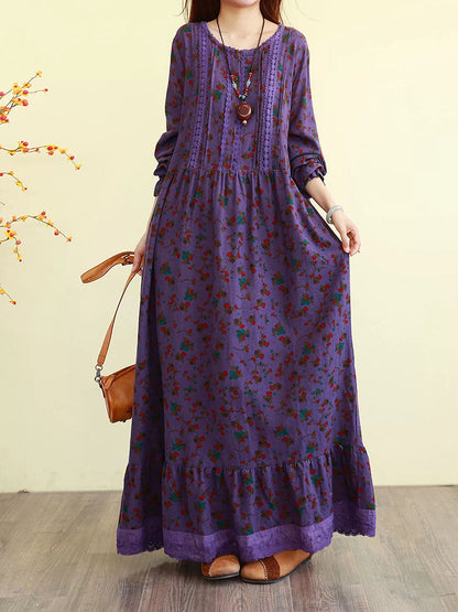 Women Autumn Floral Vintage Long Sleeve Cotton Maxi Dress