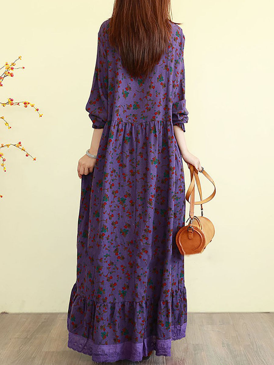 Women Autumn Floral Vintage Long Sleeve Cotton Maxi Dress