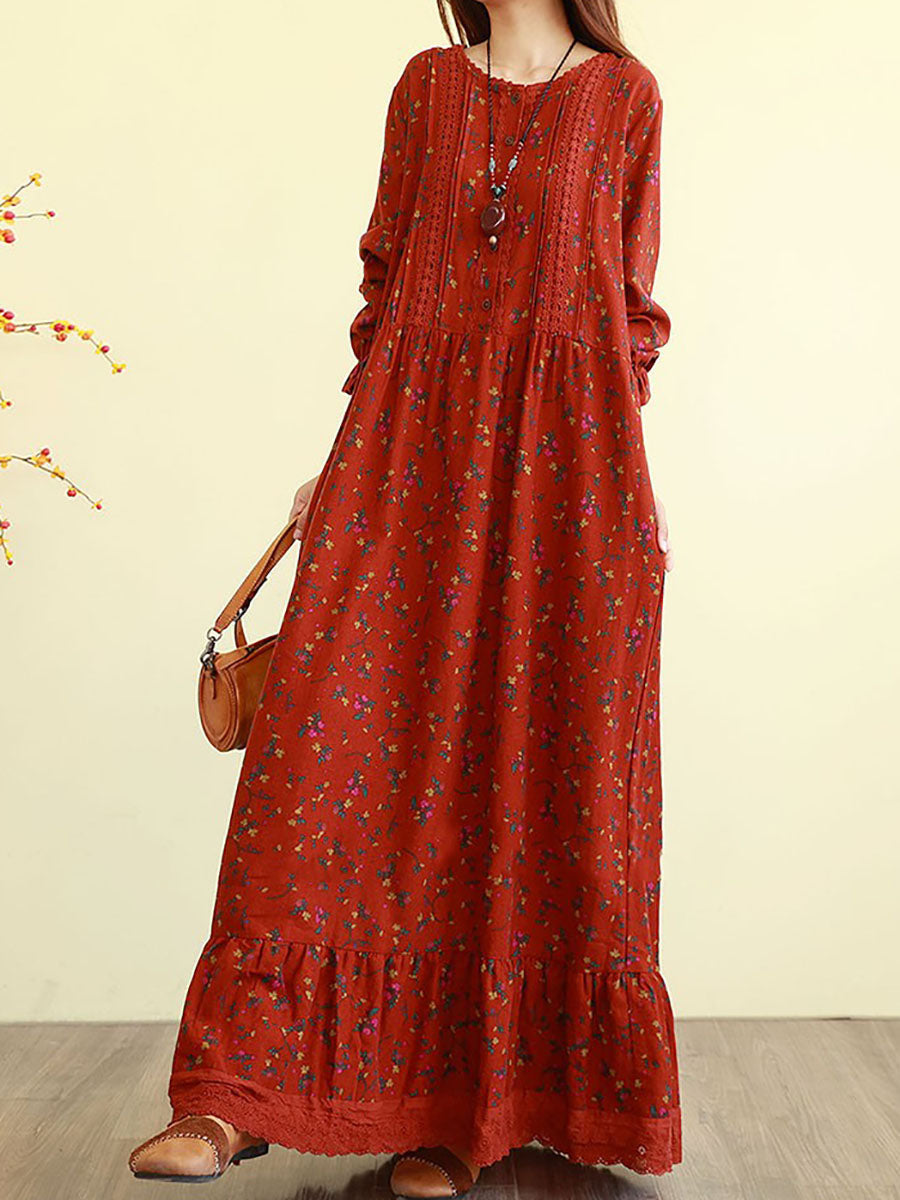 Women Autumn Floral Vintage Long Sleeve Cotton Maxi Dress