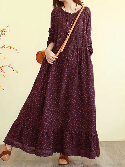 Women Autumn Floral Vintage Long Sleeve Cotton Maxi Dress