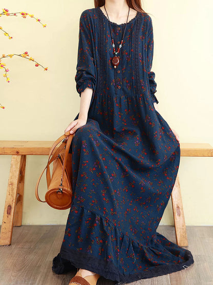 Women Autumn Floral Vintage Long Sleeve Cotton Maxi Dress