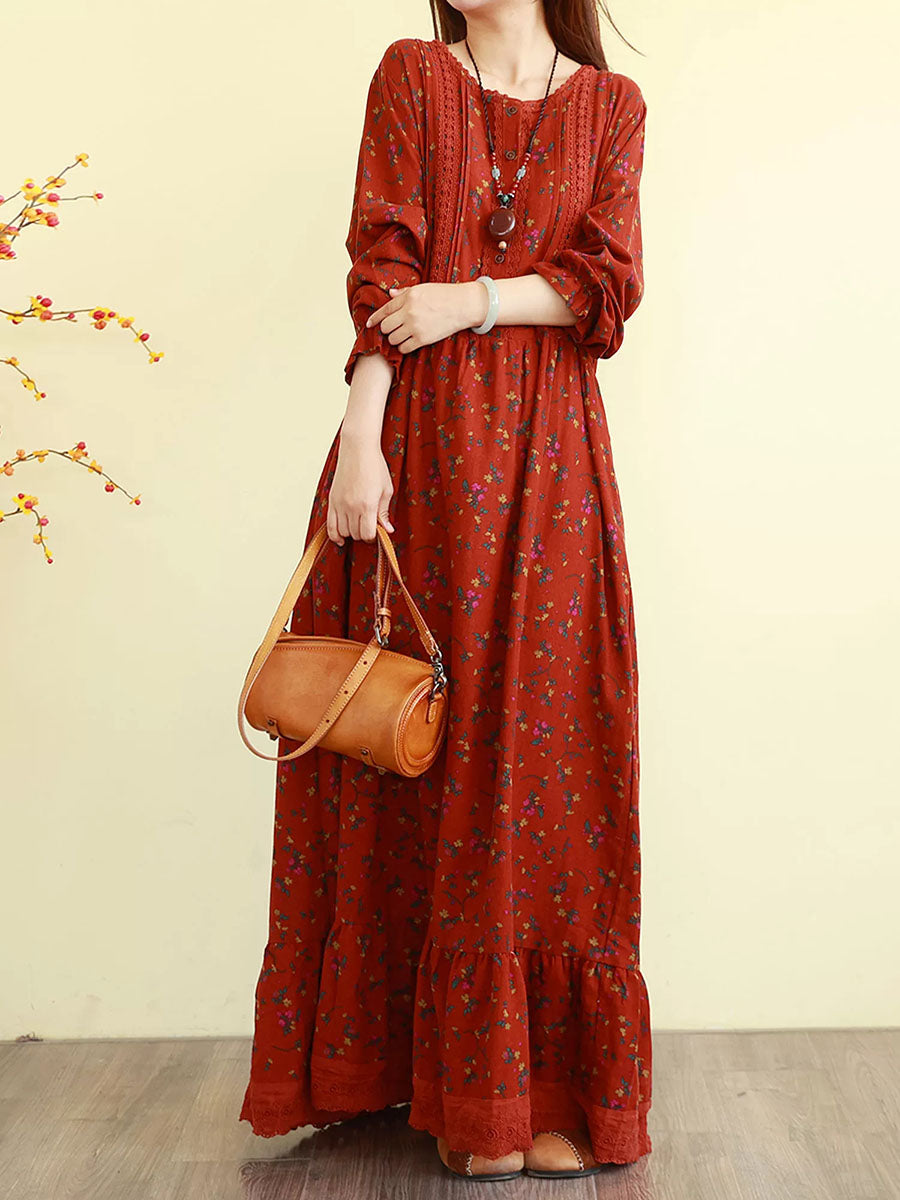 Women Autumn Floral Vintage Long Sleeve Cotton Maxi Dress
