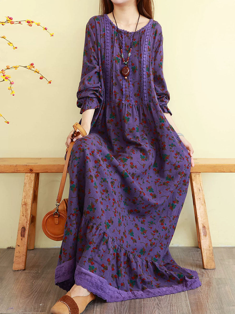 Women Autumn Floral Vintage Long Sleeve Cotton Maxi Dress