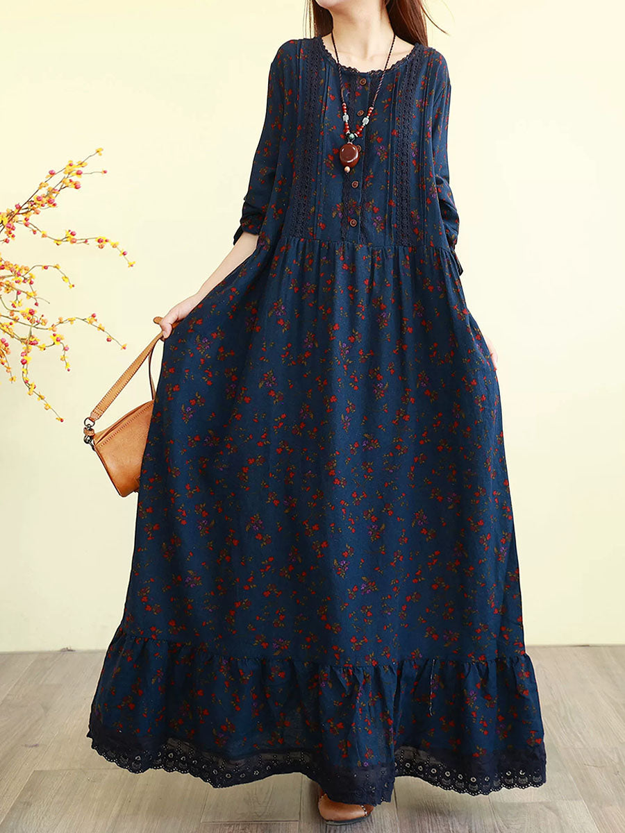 Women Autumn Floral Vintage Long Sleeve Cotton Maxi Dress