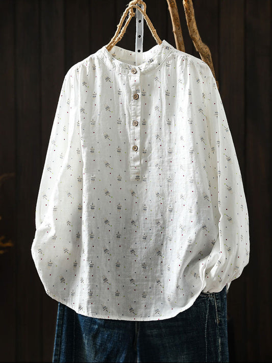 Women Fall Print Artsy Long Sleeve Cotton Blouse