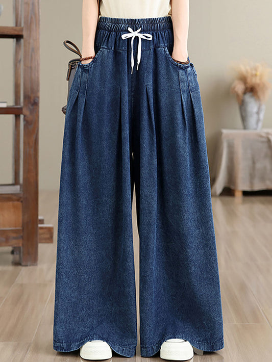 Women Vintage Washed Denim High Waist Wide-Leg Pants