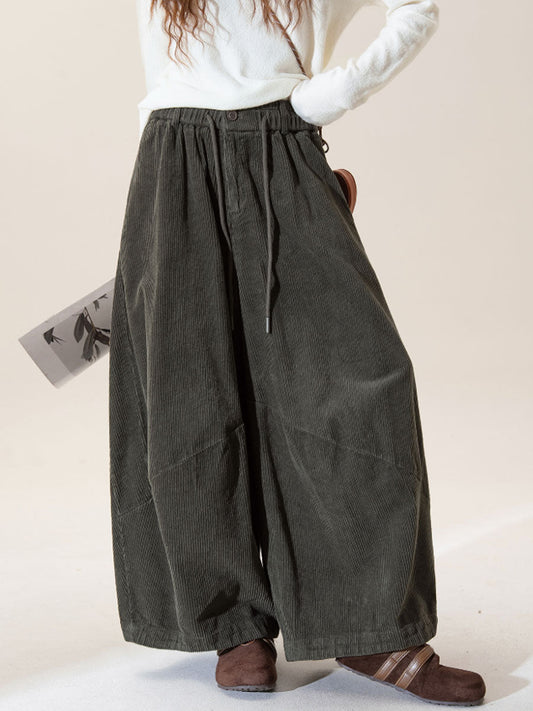 Plus Size Women Fall Vintage Cotton Wide-Leg Corduroy Pants