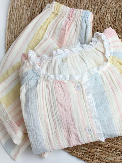 Women Cotton Rainbow Stripe Double-Layer Gauze Ruffled Round Neck Pajama Set