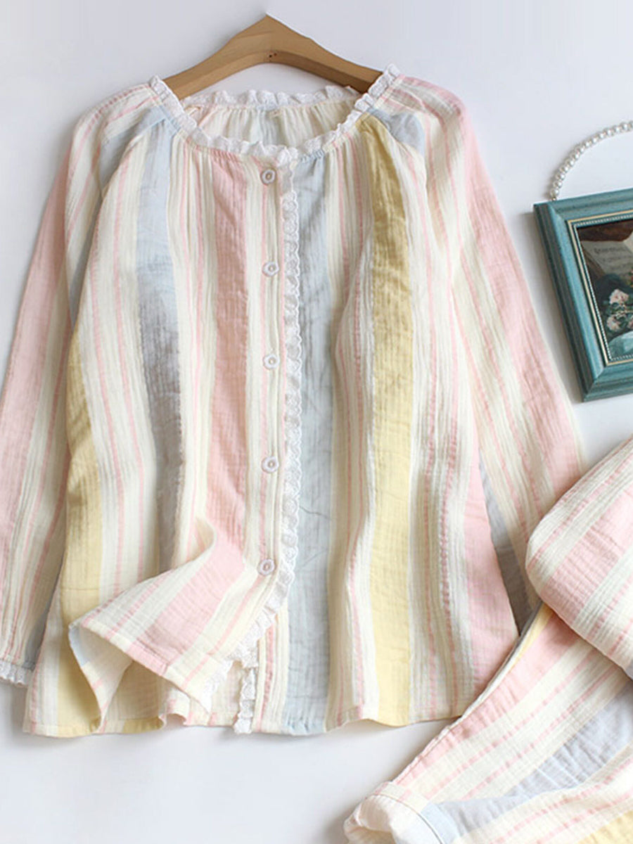 Women Cotton Rainbow Stripe Double-Layer Gauze Ruffled Round Neck Pajama Set