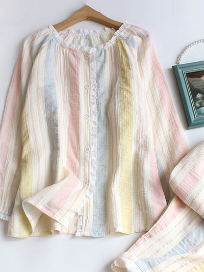 Women Cotton Rainbow Stripe Double-Layer Gauze Ruffled Round Neck Pajama Set