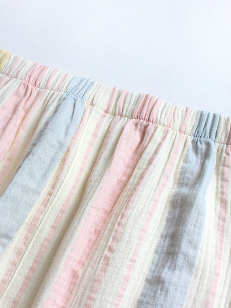 Women Cotton Rainbow Stripe Double-Layer Gauze Ruffled Round Neck Pajama Set