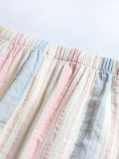 Women Cotton Rainbow Stripe Double-Layer Gauze Ruffled Round Neck Pajama Set
