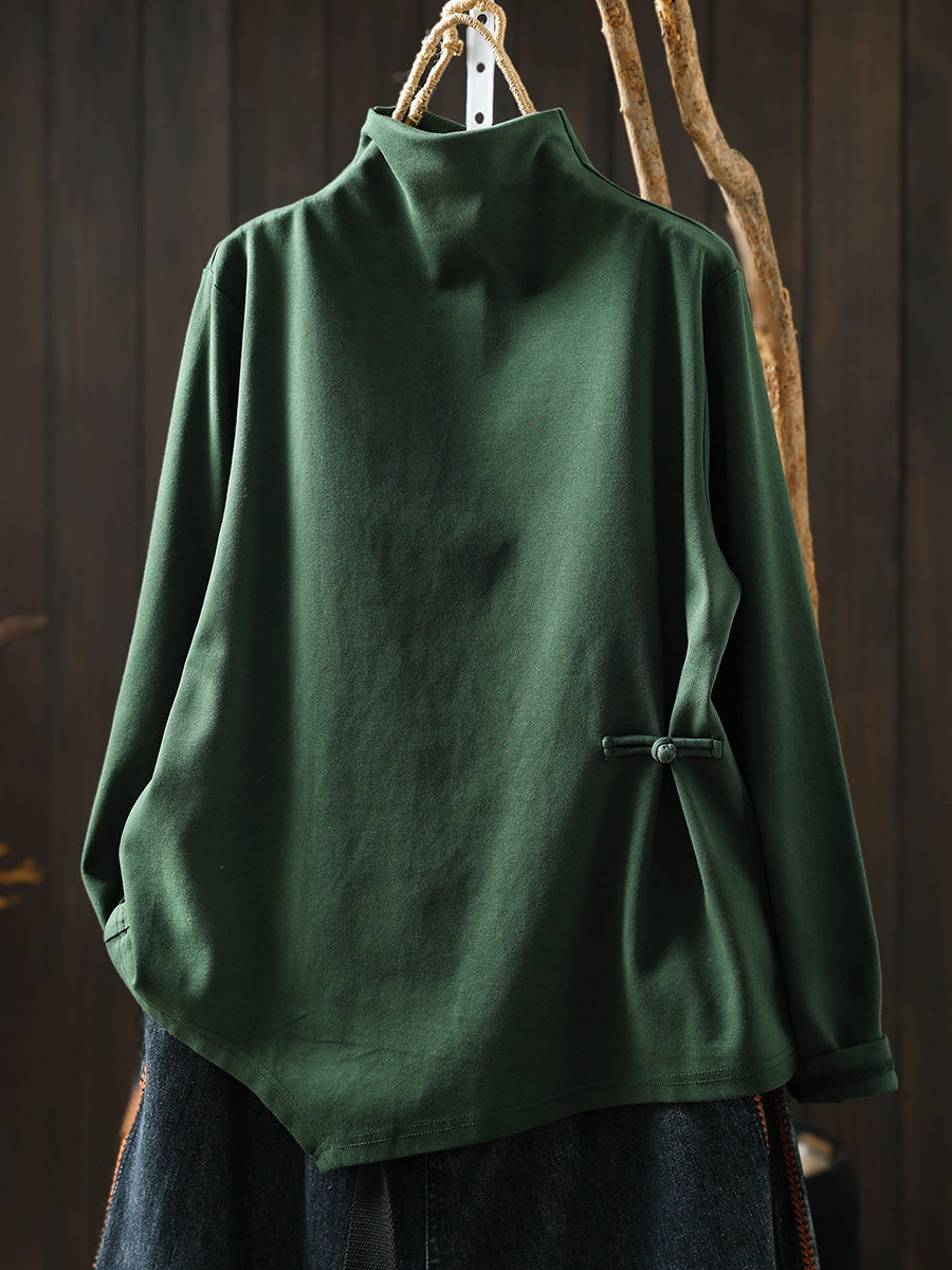 Women Autumn Frog Button Mock Neck Long-Sleeve Tee – Versatile Autumn Base Layer