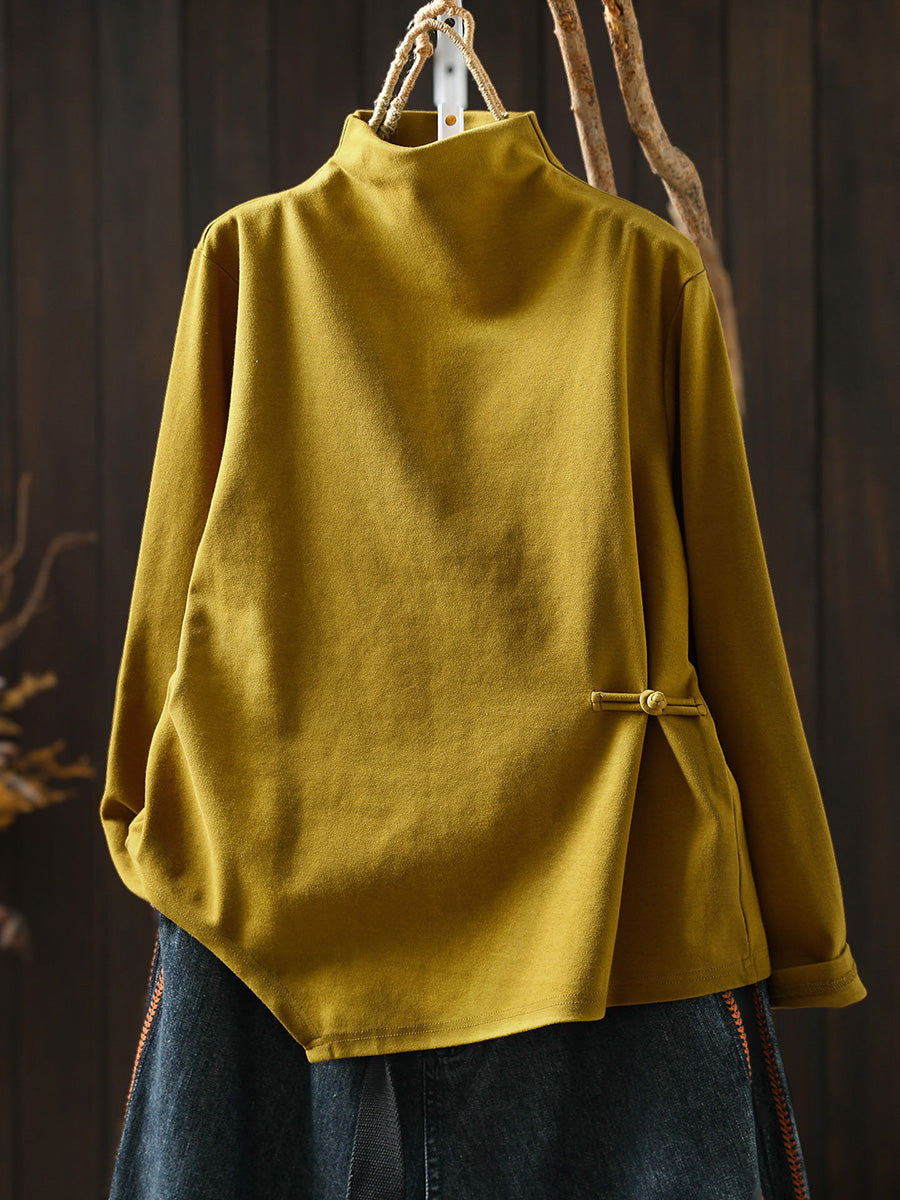 Women Autumn Frog Button Mock Neck Long-Sleeve Tee – Versatile Autumn Base Layer