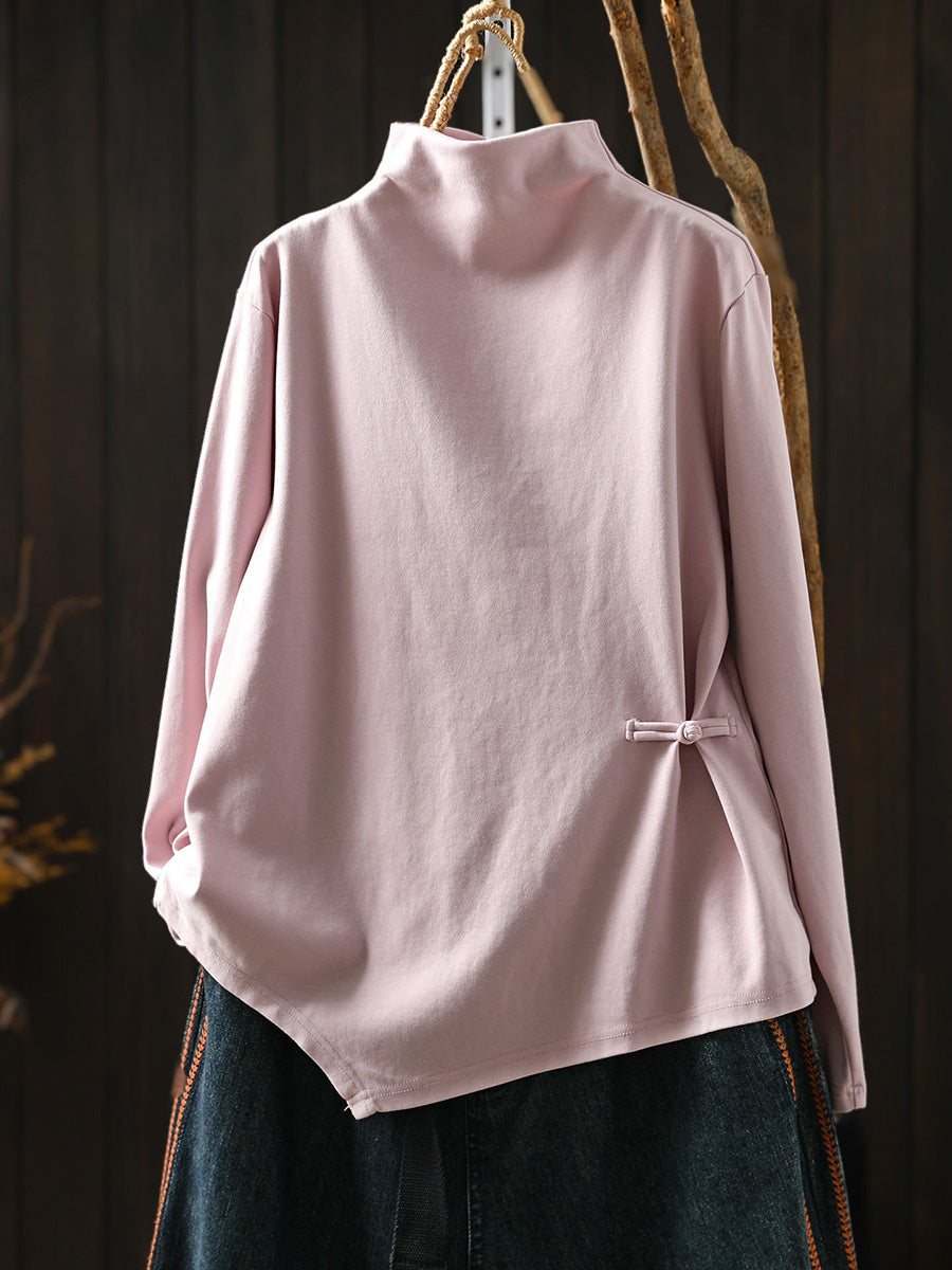 Women Autumn Frog Button Mock Neck Long-Sleeve Tee – Versatile Autumn Base Layer