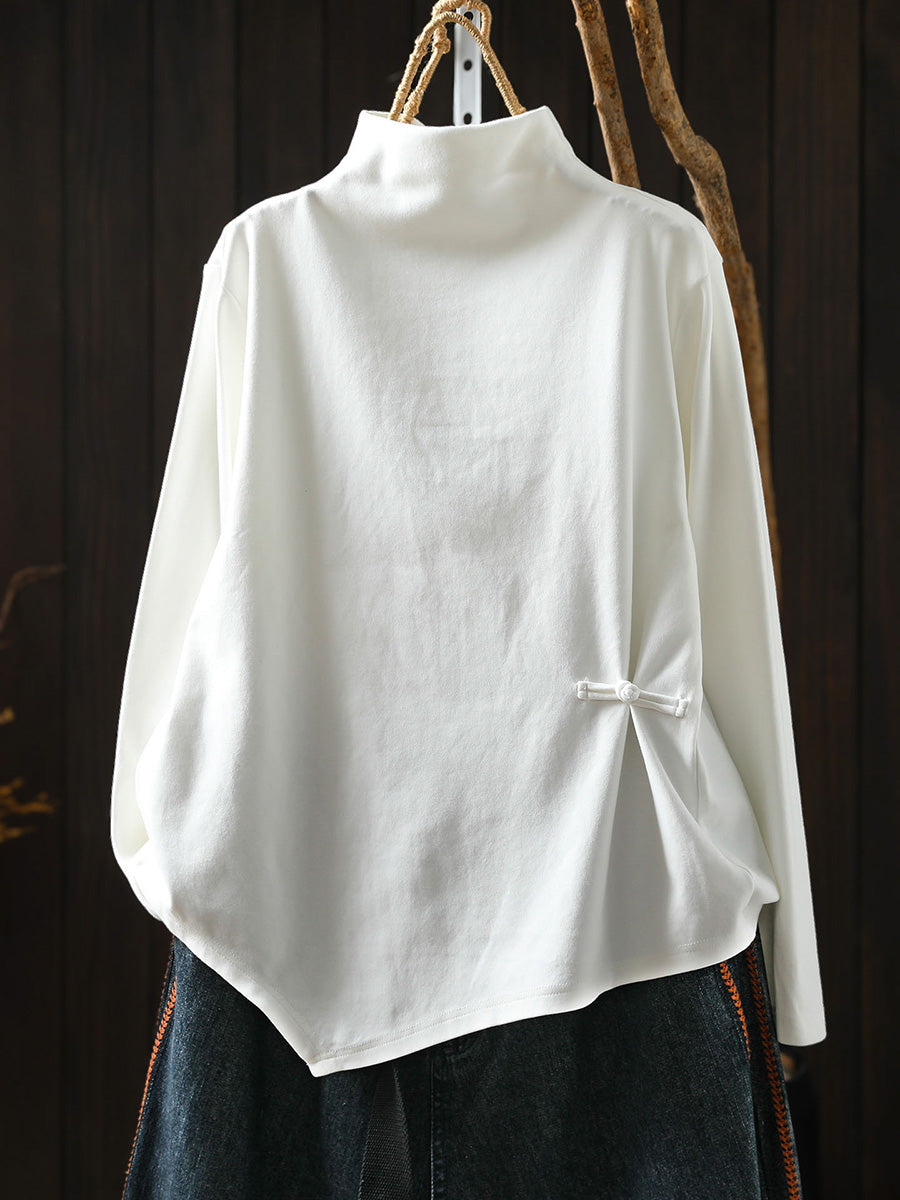 Women Autumn Frog Button Mock Neck Long-Sleeve Tee – Versatile Autumn Base Layer
