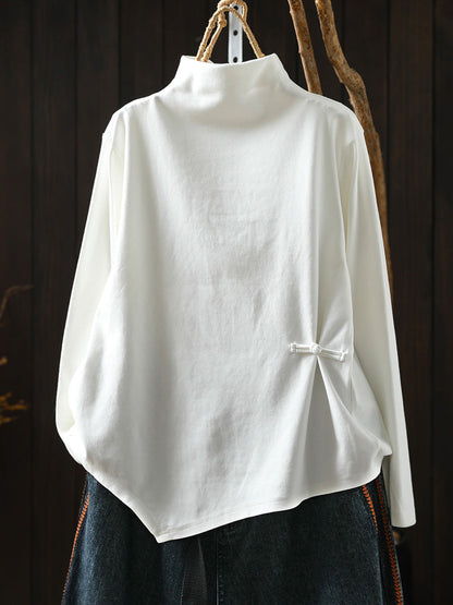 Women Autumn Frog Button Mock Neck Long-Sleeve Tee – Versatile Autumn Base Layer