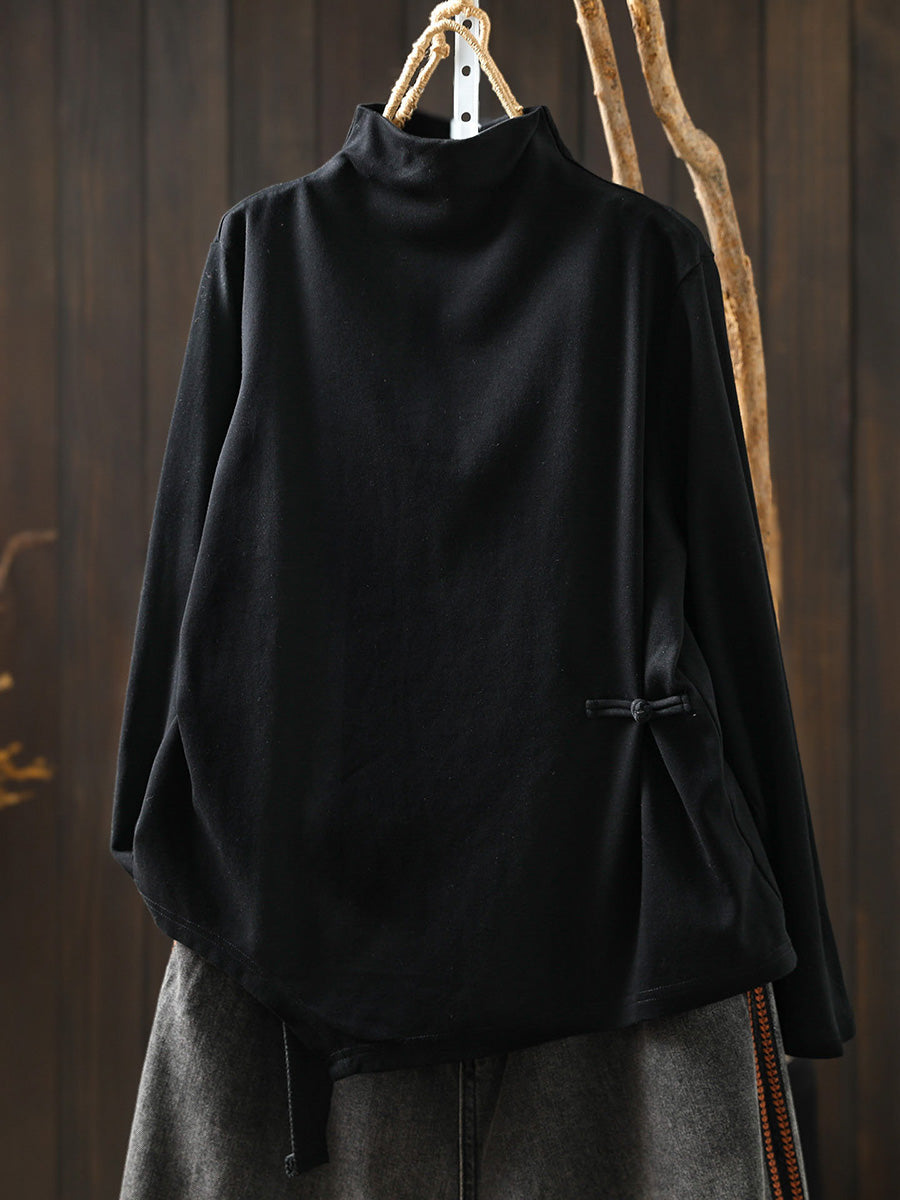Women Autumn Frog Button Mock Neck Long-Sleeve Tee – Versatile Autumn Base Layer