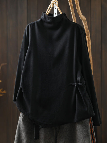 Women Autumn Frog Button Mock Neck Long-Sleeve Tee – Versatile Autumn Base Layer