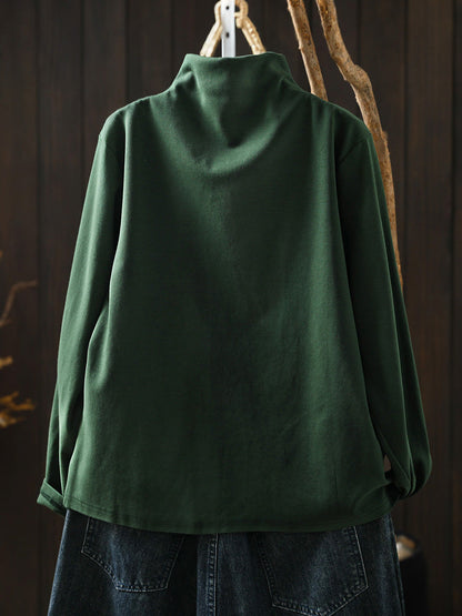 Women Autumn Frog Button Mock Neck Long-Sleeve Tee – Versatile Autumn Base Layer