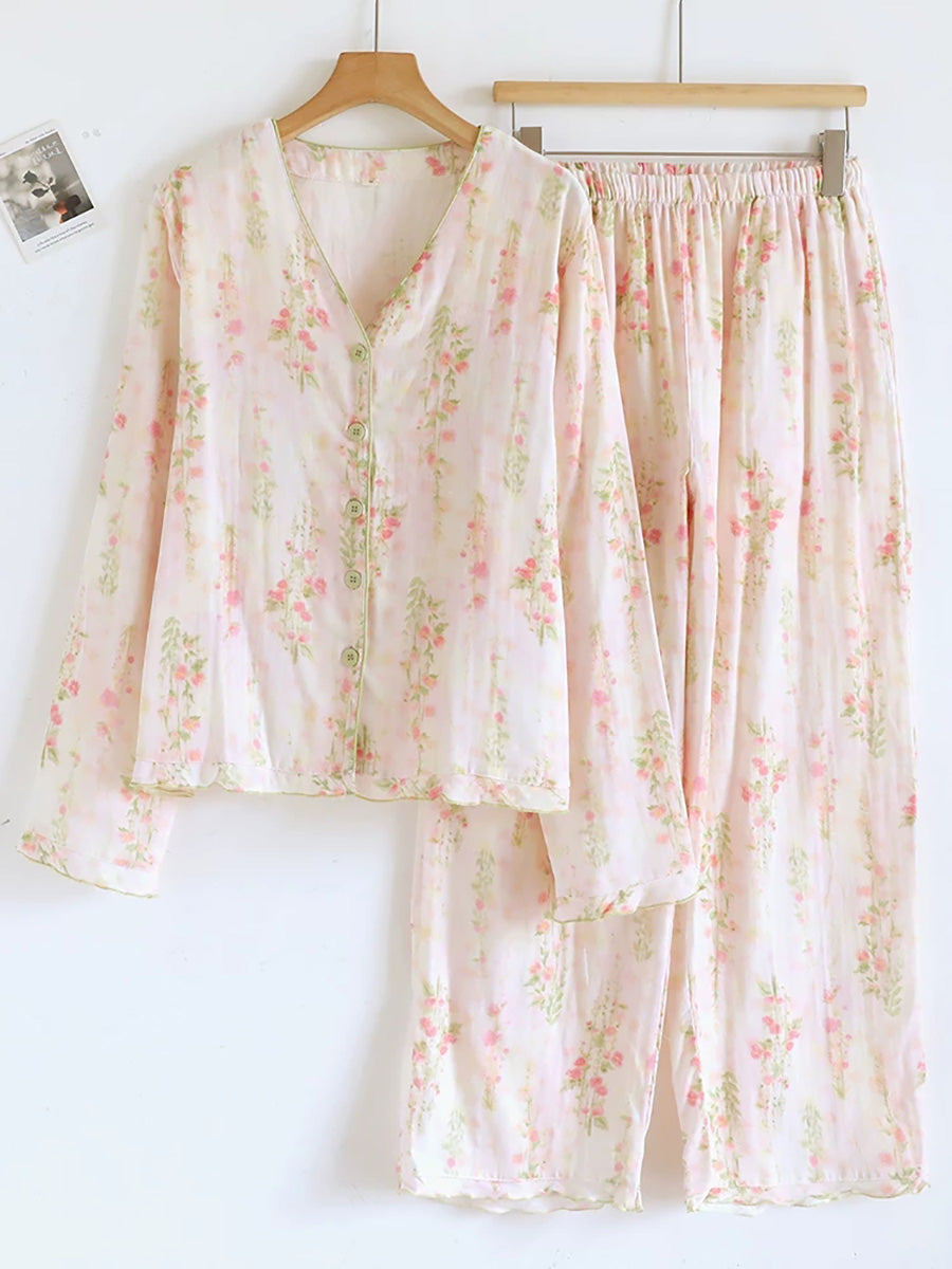 Women Floral Print Minimalist V_Neck Cotton Pajama Set