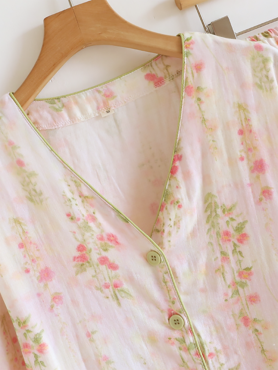 Women Floral Print Minimalist V_Neck Cotton Pajama Set