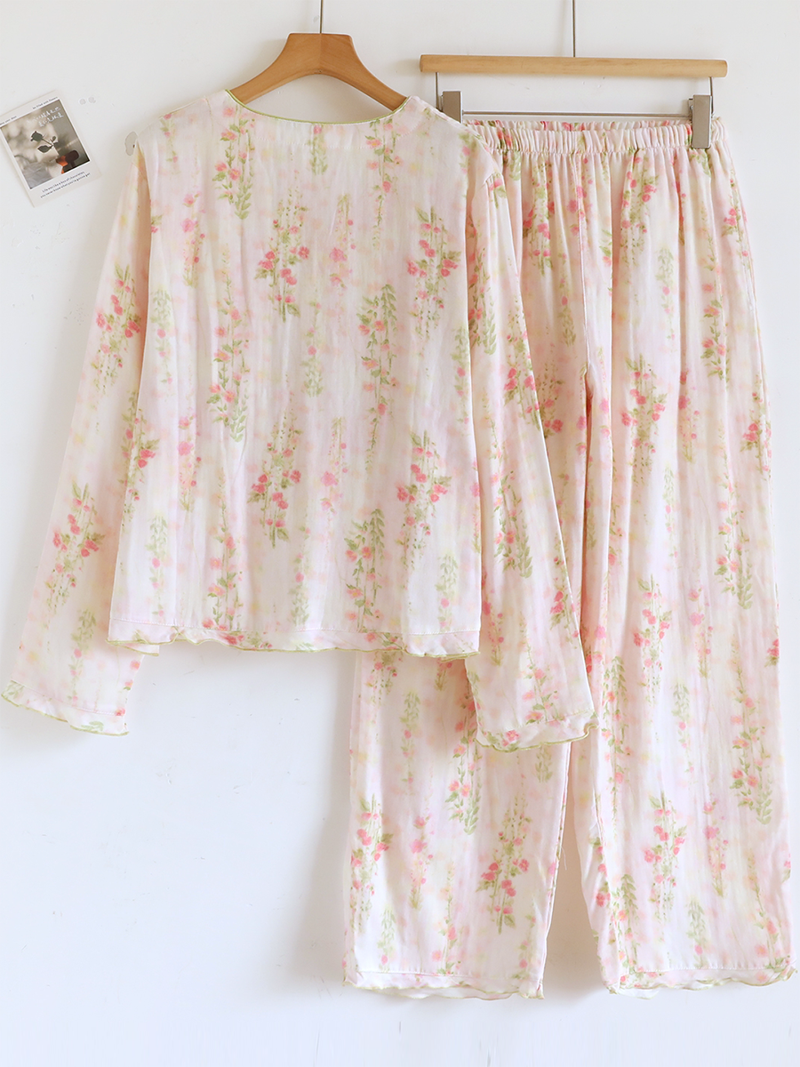 Women Floral Print Minimalist V_Neck Cotton Pajama Set