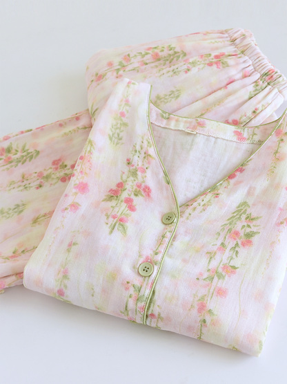 Women Floral Print Minimalist V_Neck Cotton Pajama Set