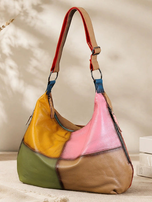 Women Leather Vintage Color-Block Patchwork Shoulder Bag