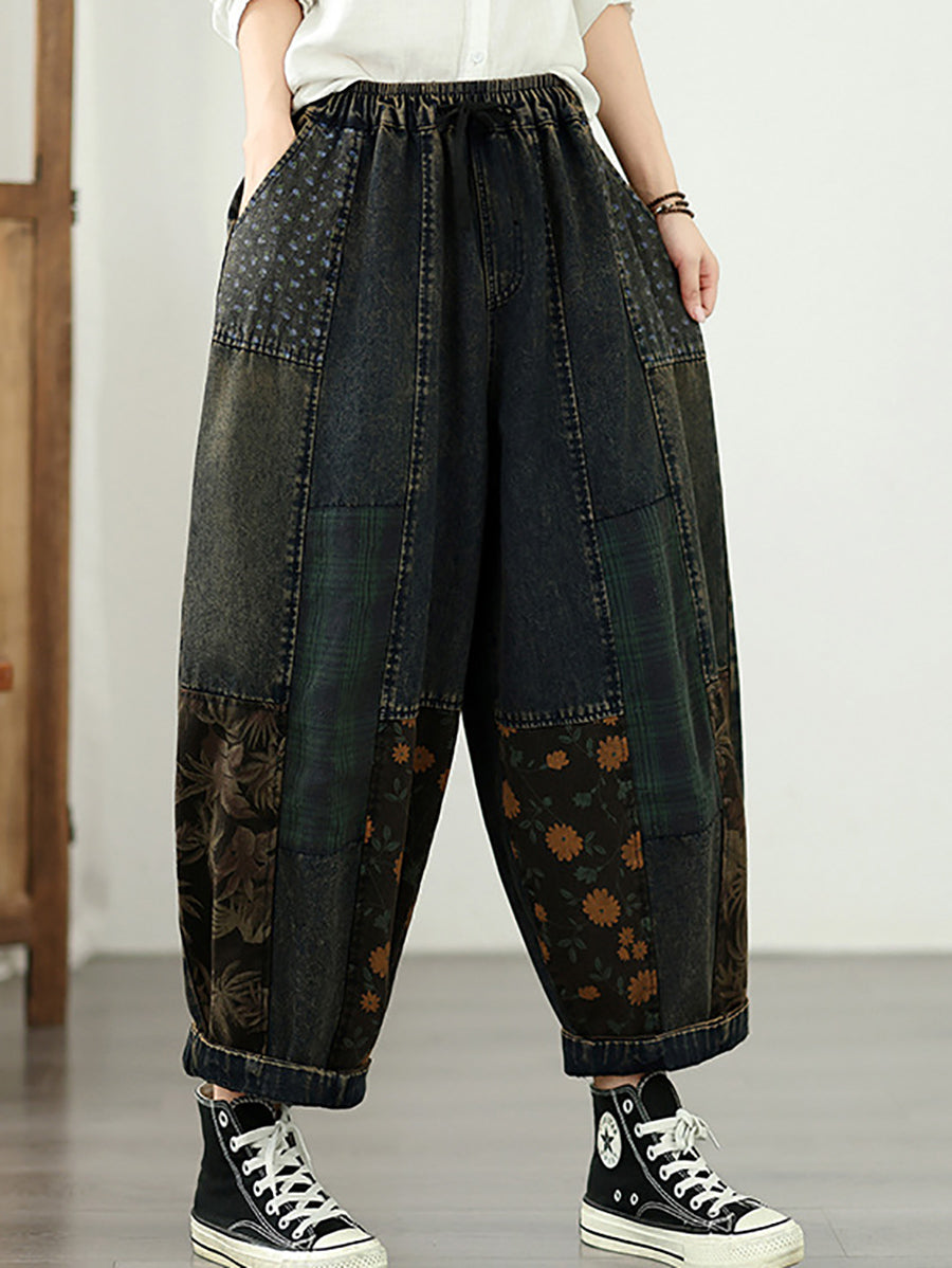Women Vintage Distressed Patchwork Elastic Waist Denim Pants