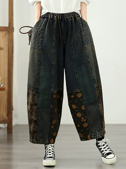 Women Vintage Distressed Patchwork Elastic Waist Denim Pants
