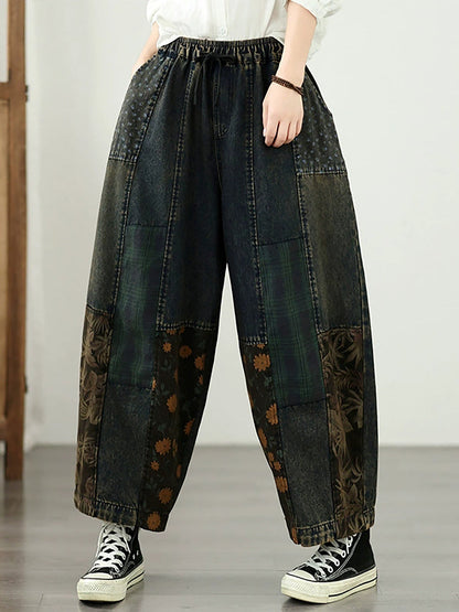 Women Vintage Distressed Patchwork Elastic Waist Denim Pants