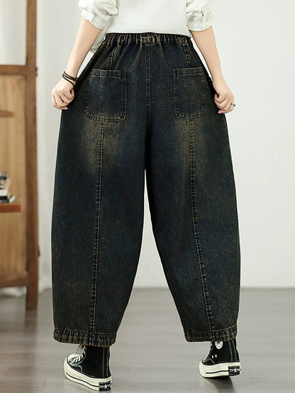 Women Vintage Distressed Patchwork Elastic Waist Denim Pants