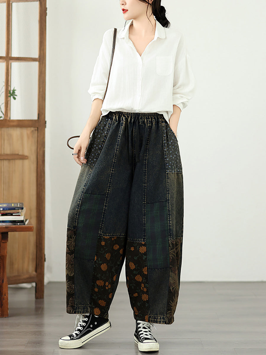 Women Vintage Distressed Patchwork Elastic Waist Denim Pants