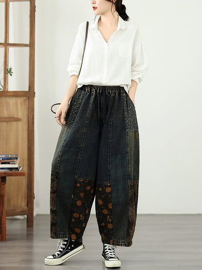 Women Vintage Distressed Patchwork Elastic Waist Denim Pants
