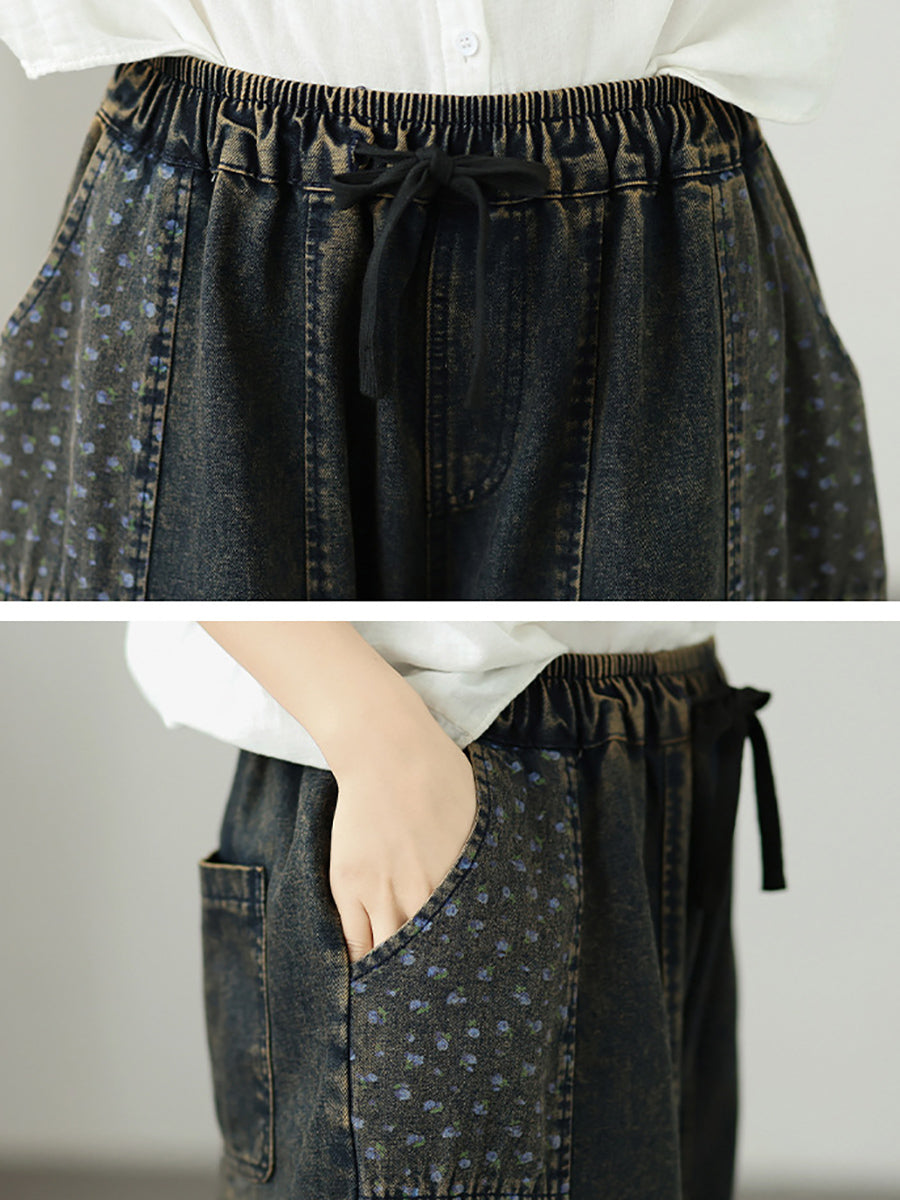 Women Vintage Distressed Patchwork Elastic Waist Denim Pants