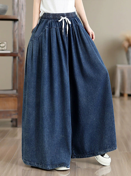 Women Vintage Elastic Waist Drawstring Denim Wide-Leg Pants