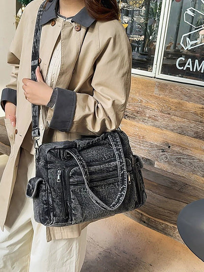 Women Vintage Denim Tote Bag – Versatile Multi-Pocket Crossbody & Shoulder Bag