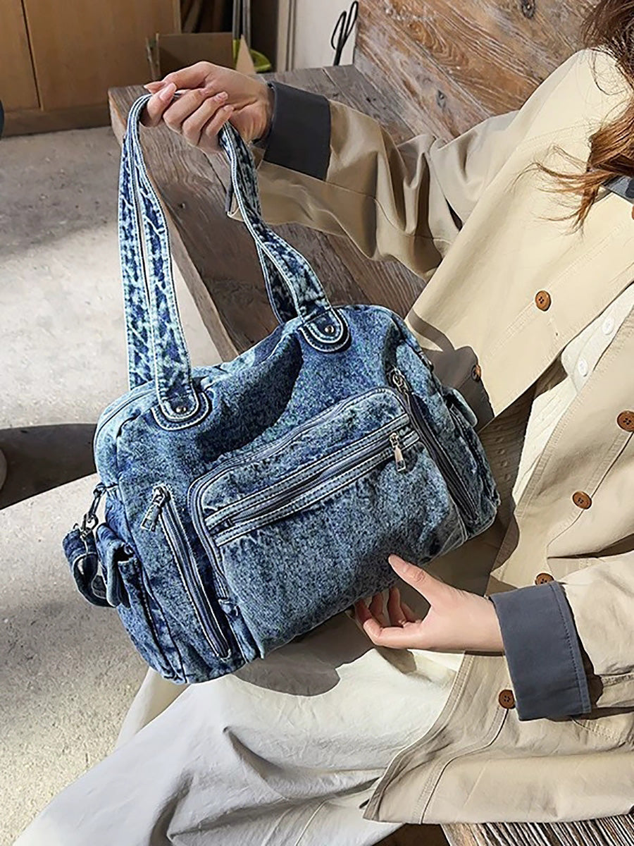 Women Vintage Denim Tote Bag – Versatile Multi-Pocket Crossbody & Shoulder Bag
