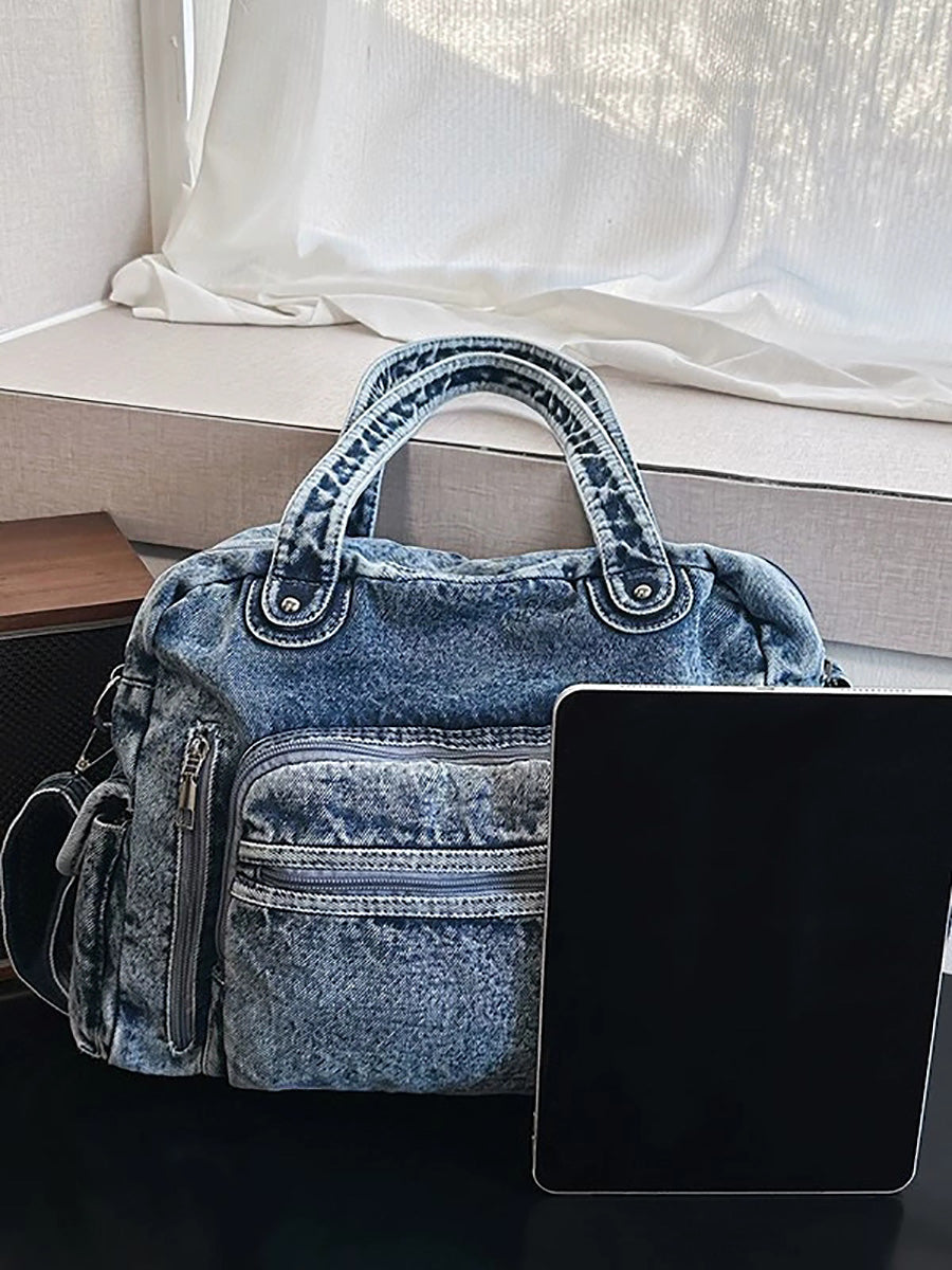 Women Vintage Denim Tote Bag – Versatile Multi-Pocket Crossbody & Shoulder Bag