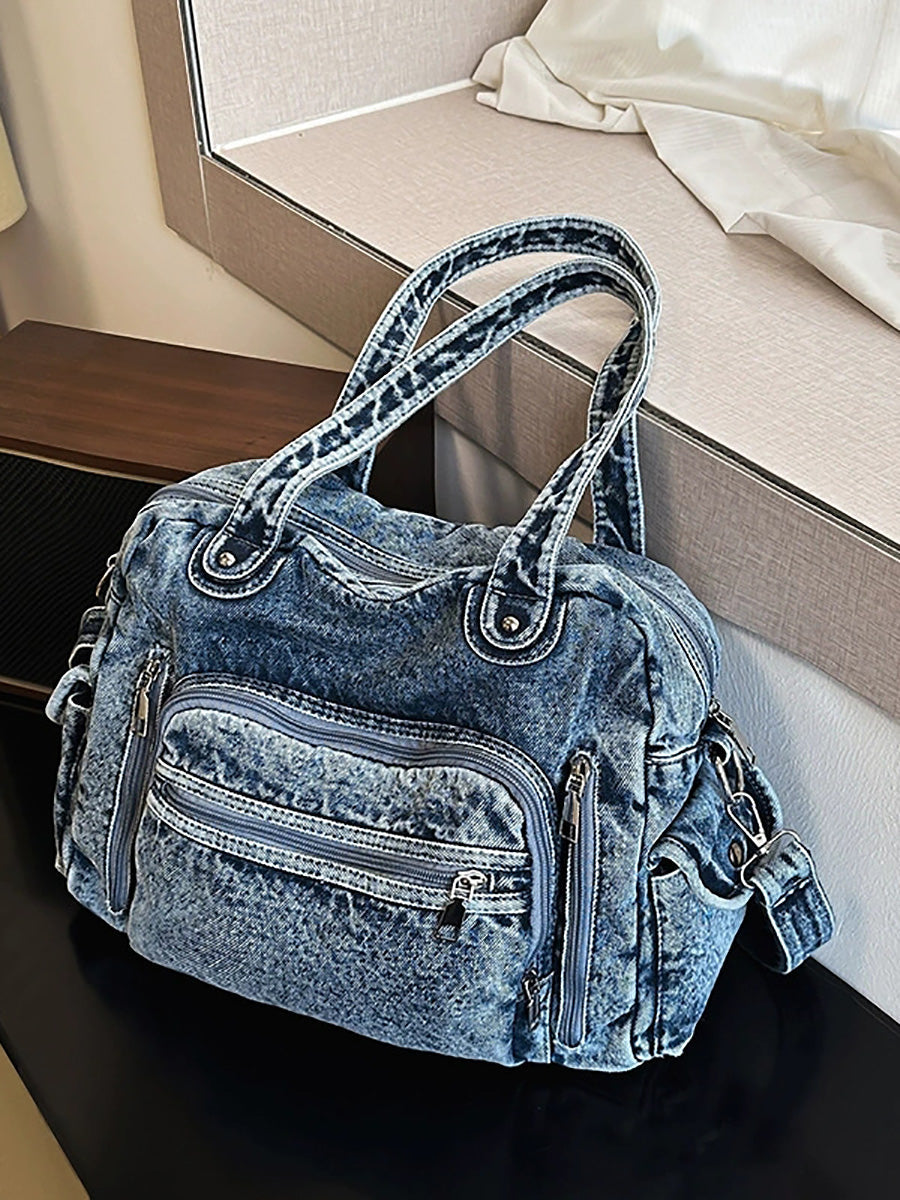 Women Vintage Denim Tote Bag – Versatile Multi-Pocket Crossbody & Shoulder Bag