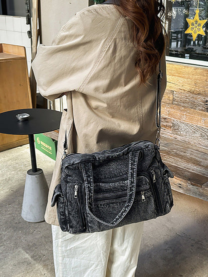 Women Vintage Denim Tote Bag – Versatile Multi-Pocket Crossbody & Shoulder Bag