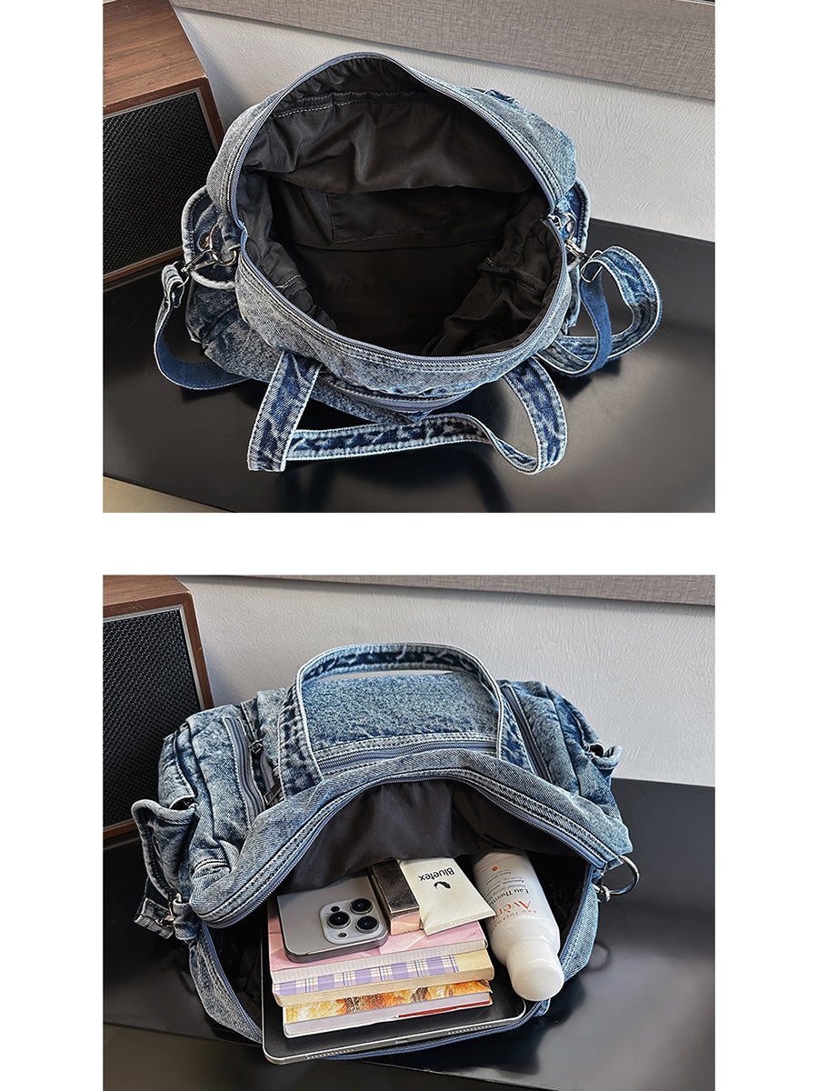 Women Vintage Denim Tote Bag – Versatile Multi-Pocket Crossbody & Shoulder Bag