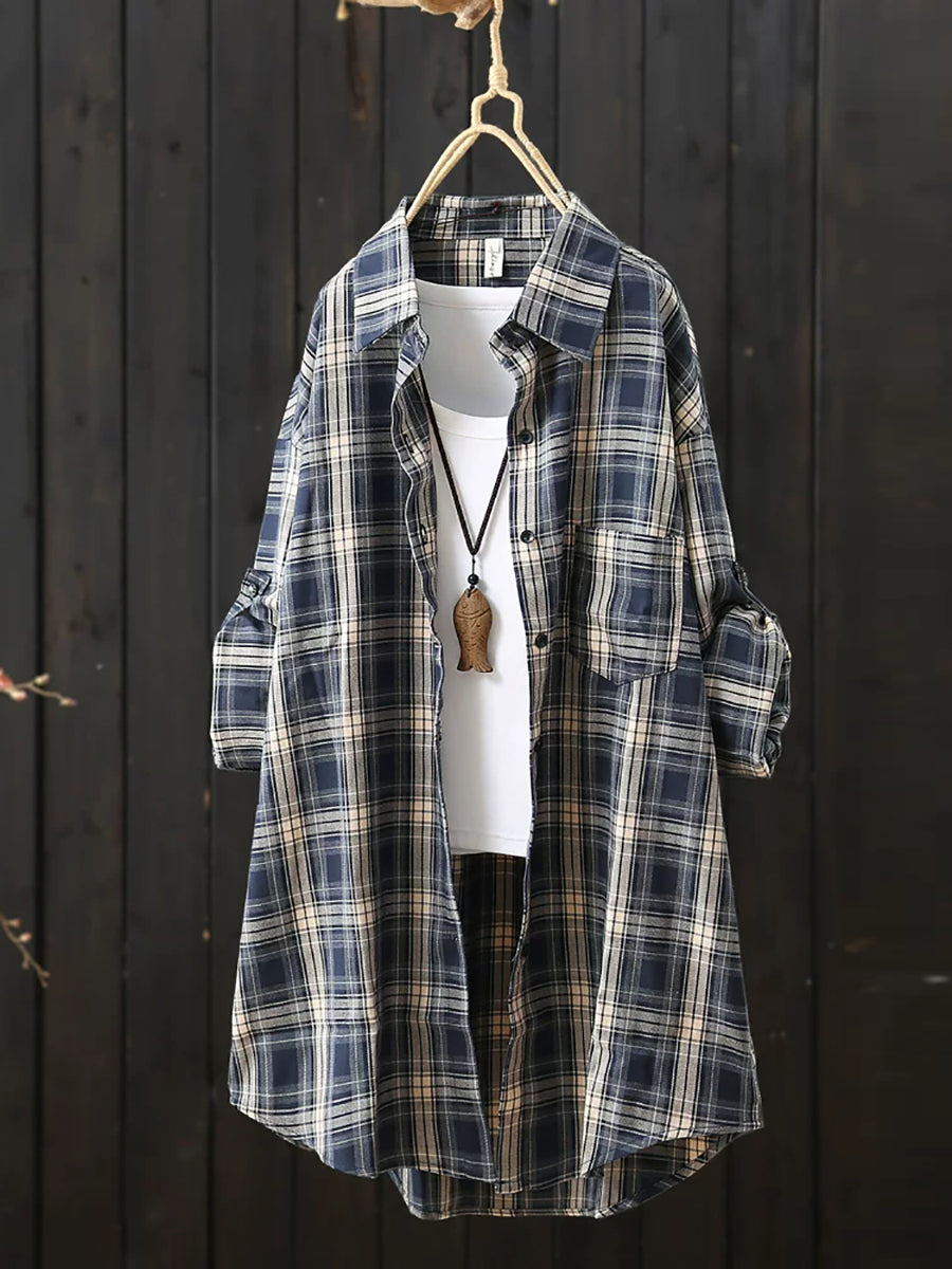 Women Casual Mid Length Plaid Long Sleeve Shirt
