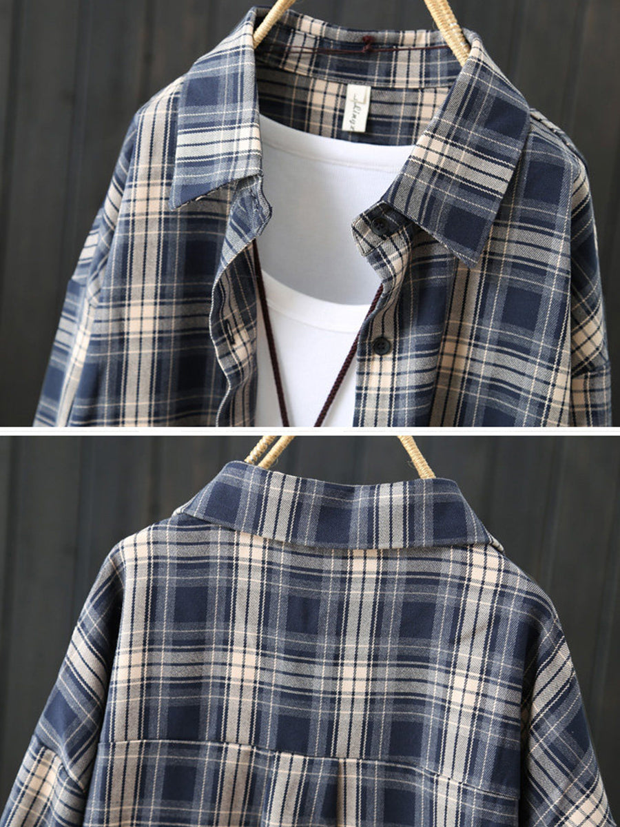Women Casual Mid Length Plaid Long Sleeve Shirt