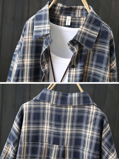 Women Casual Mid Length Plaid Long Sleeve Shirt