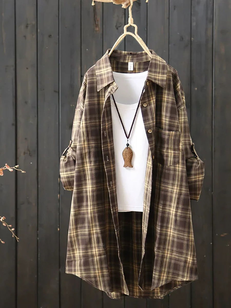 Women Casual Mid Length Plaid Long Sleeve Shirt