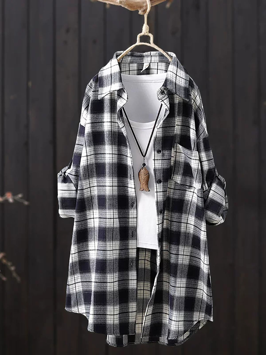 Women Casual Mid Length Plaid Long Sleeve Shirt