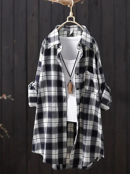 Women Casual Mid Length Plaid Long Sleeve Shirt